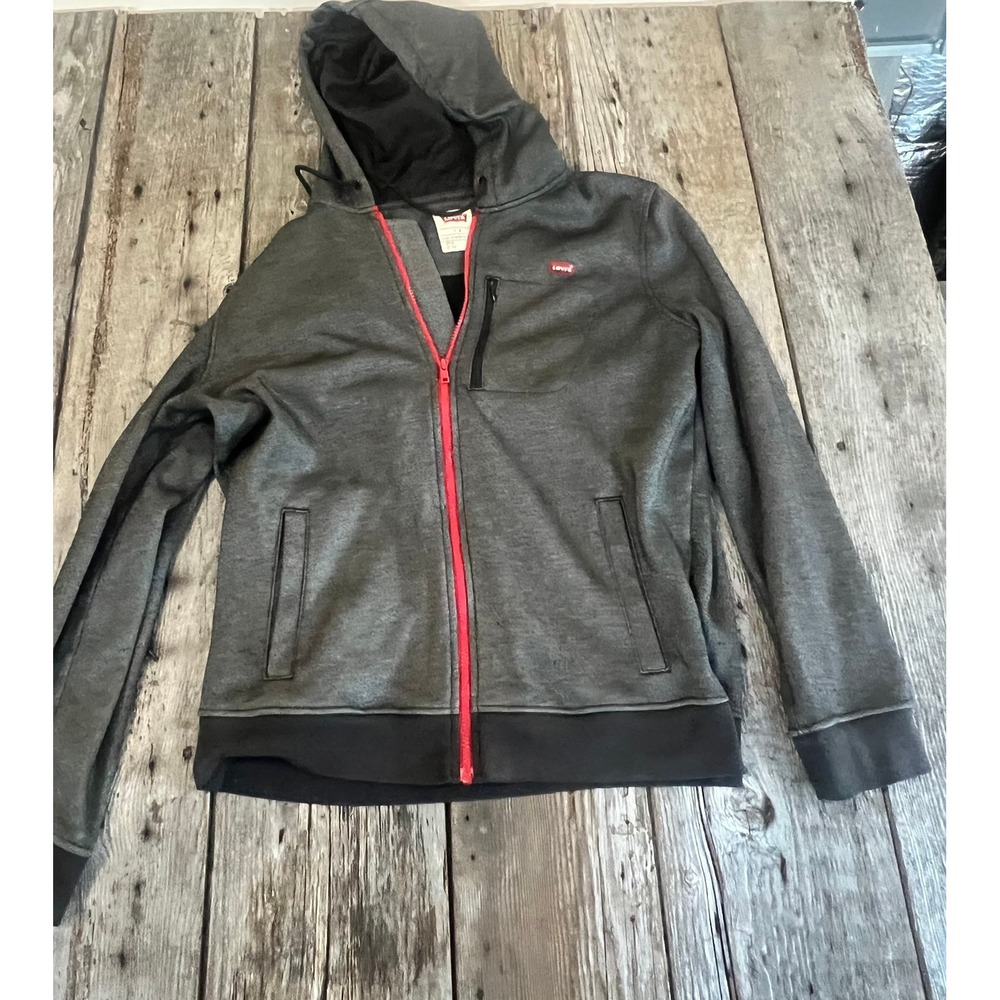 Levis Mens Full Zip Hoodie Charcoal Gray Red Zipper Fleece Lined Jacket Large